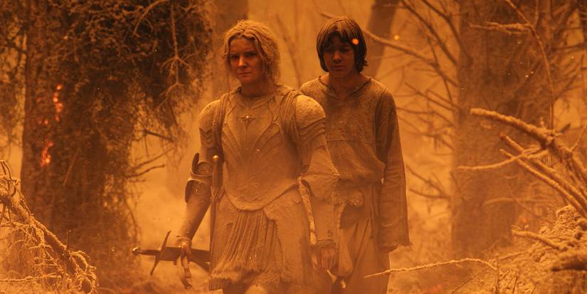 Galadriel and Theo walking together in 'The Rings of Power' Episode 7