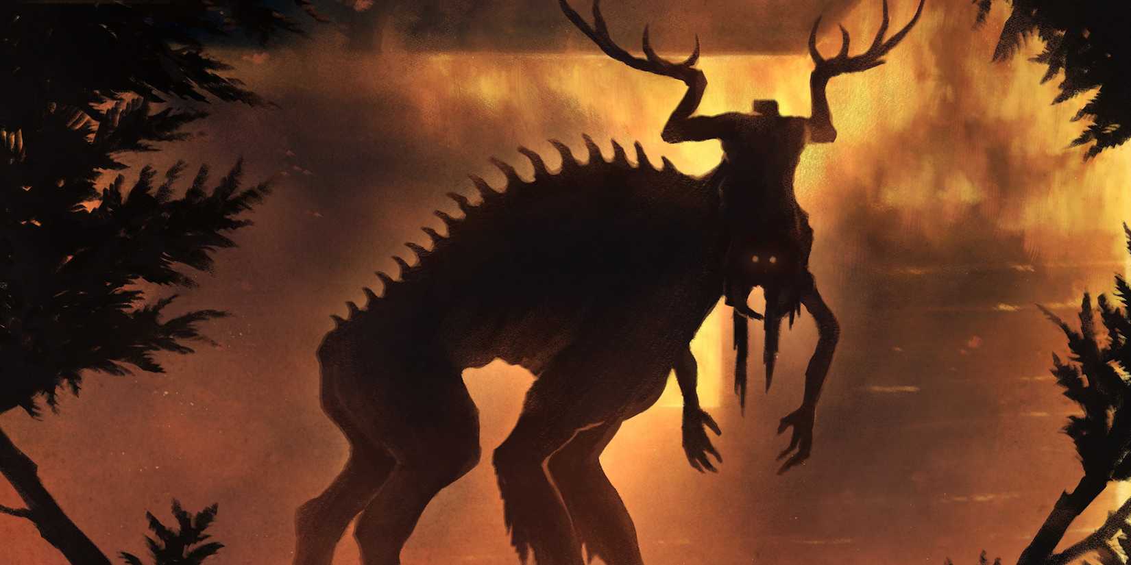 Still image from 2017's Ritual showing a terrifying monster in a burning forest.