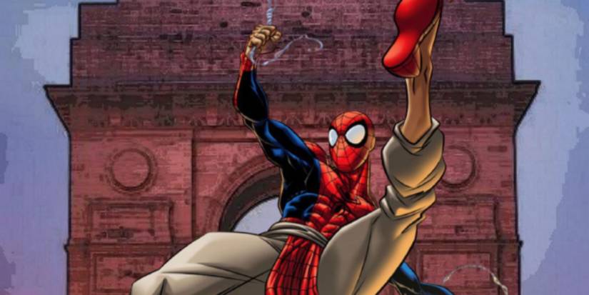 Spider Man India Pavitr Prabhakar balançando pelas ruas em versão inspirada na cultura indiana