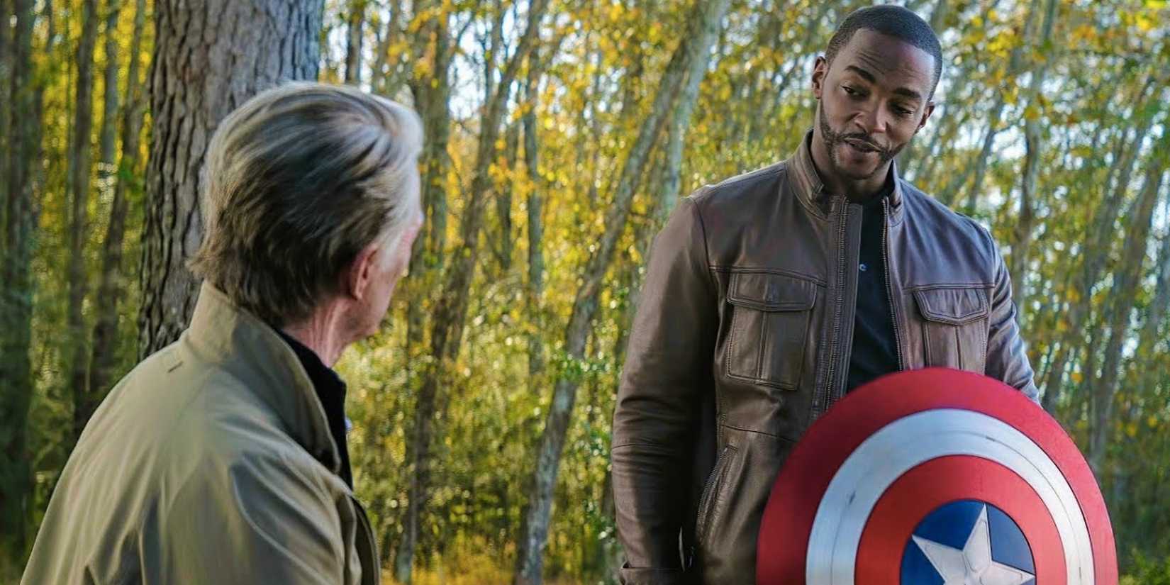 Steve (Chris Evans) talks to Sam (Anthony Mackie) who holds the Captain America shield in Avengers Endgame