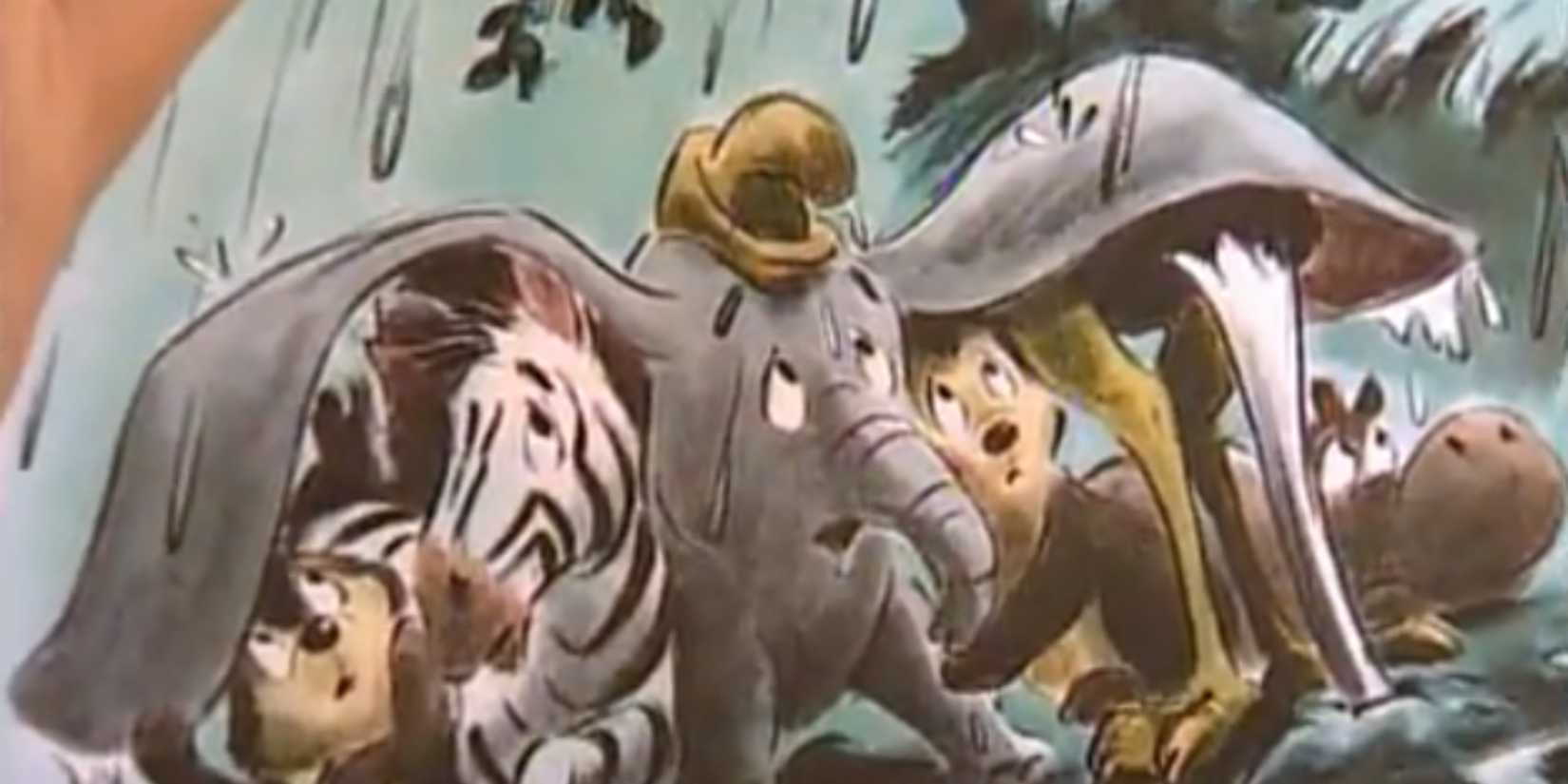 Character art from Dumbo 2 of Dumbo shielding other young animals from the rain with his ears in a sneak peek of Dumbo's anniversary release