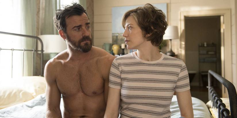 Justin Theroux and Carrie Coon sitting by each other in 'The Leftovers'