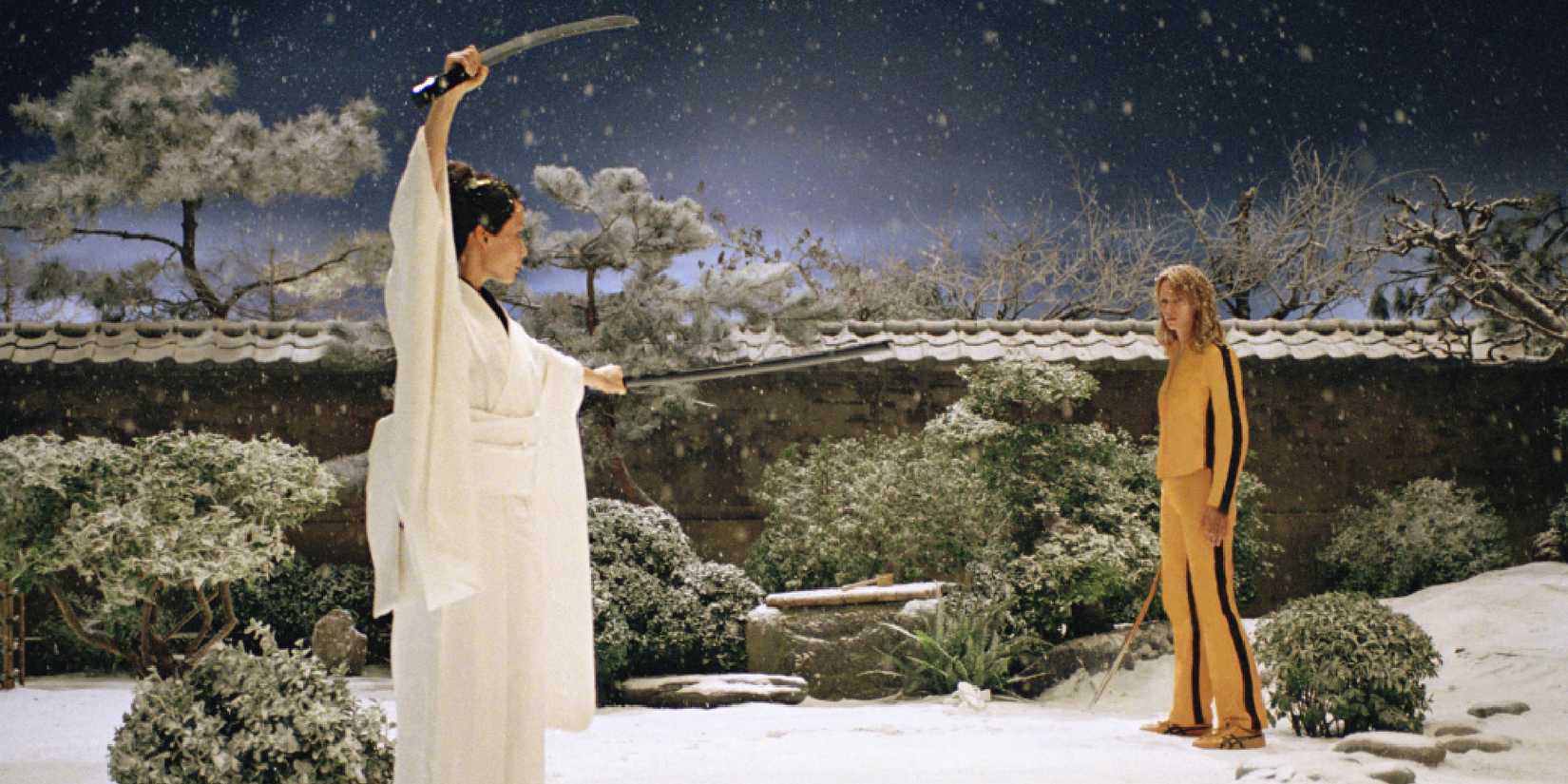 The Bride (Uma Thurman) facing off against O-Ren Ishii (Lucy Liu) in the snow in Kill Bill Vol 1