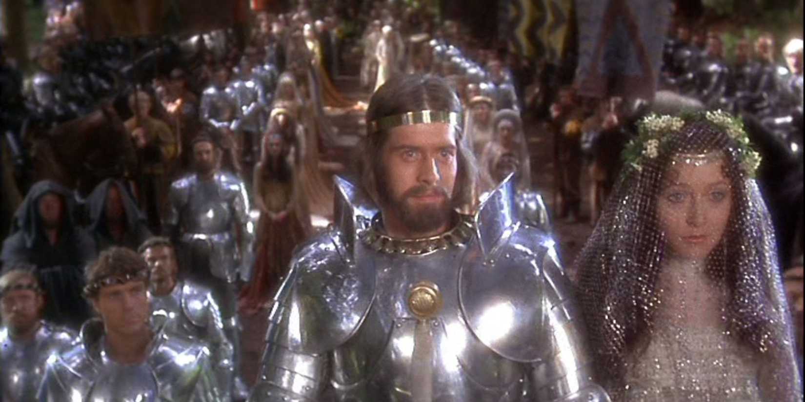 Nigel Terry as King Arthur and Cherie Lunghi as Guinevere at the altar in 'Excalibur' (1981)