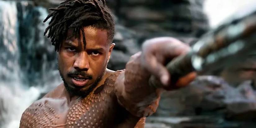 Killmonger aiming a spear at someone in Black Panther 
