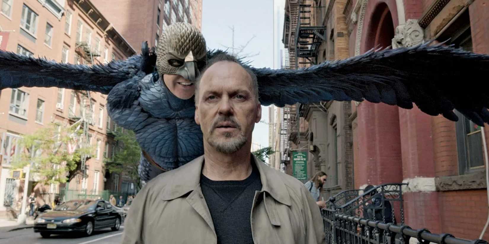 Birdman flying behind Riggan in Birdman