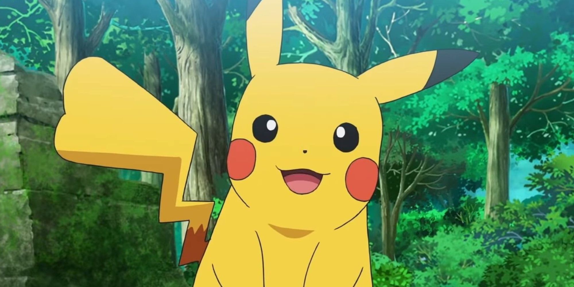 Pikachu smiling in a forest in the Pokémon anime.