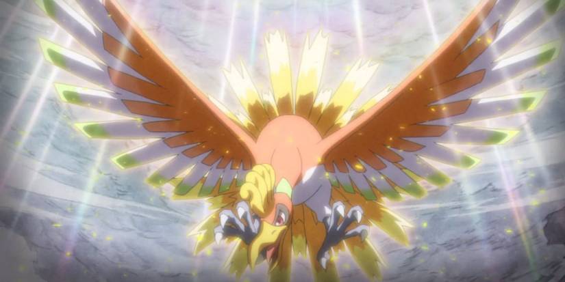 Leģendārais Pokémon ho-oh, kas nolaižas no mākoņiem Johto reģionā