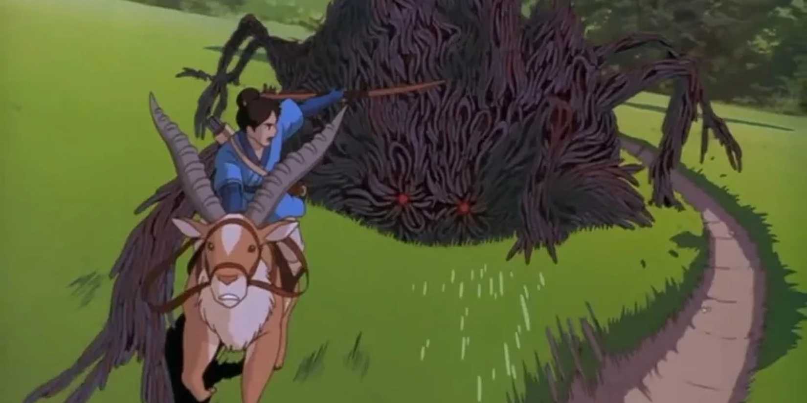 A man riding a horned animal away from a beast in Princess Mononoke - 1997