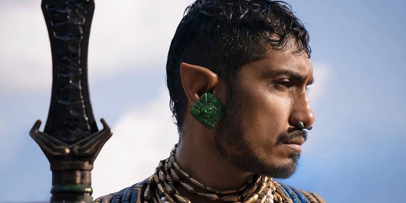 Tenoch Huerta as Namor with pointed ears looking to his left in Black Panther: Wakanda Forever.