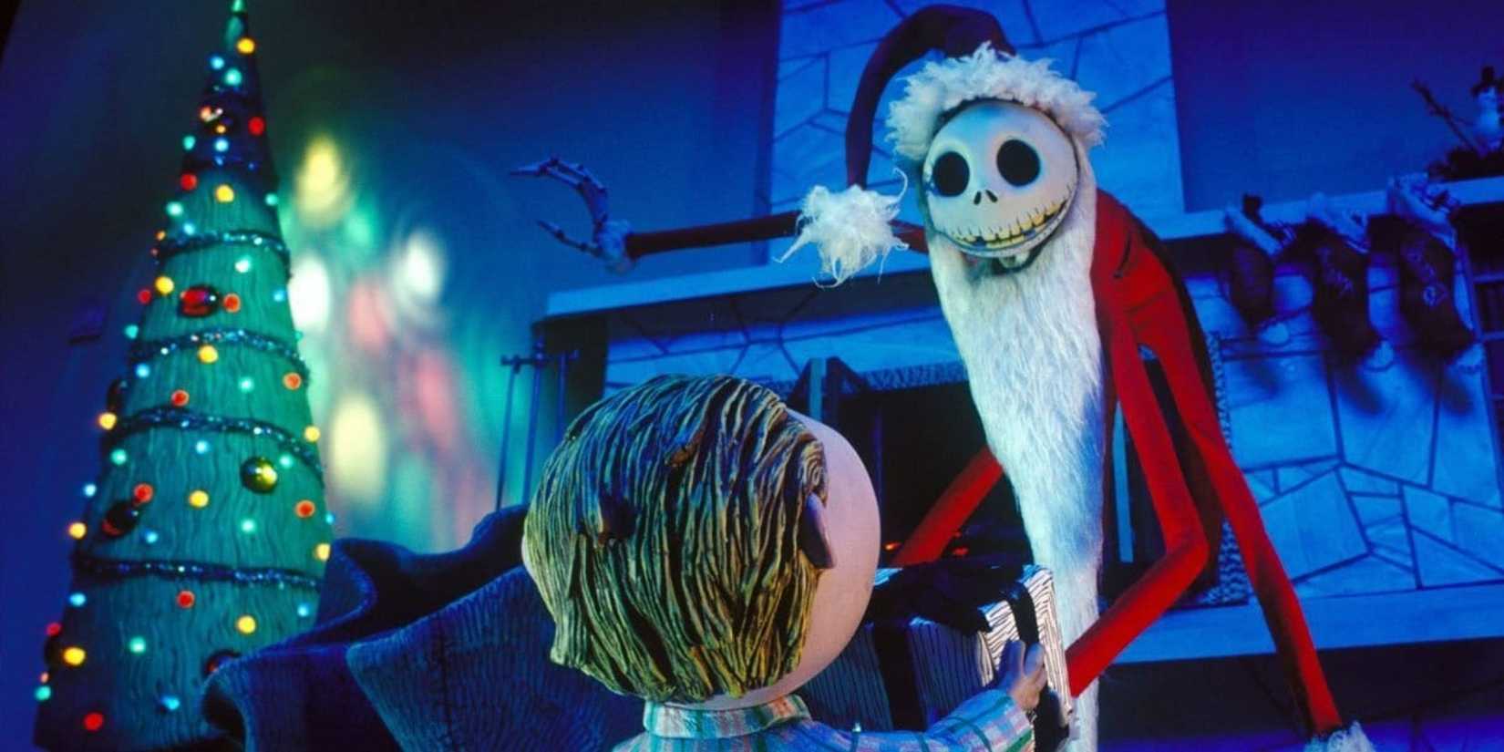 Jack Skellington dressed as Santa handing a child a present in The Nightmare Before Christmas.