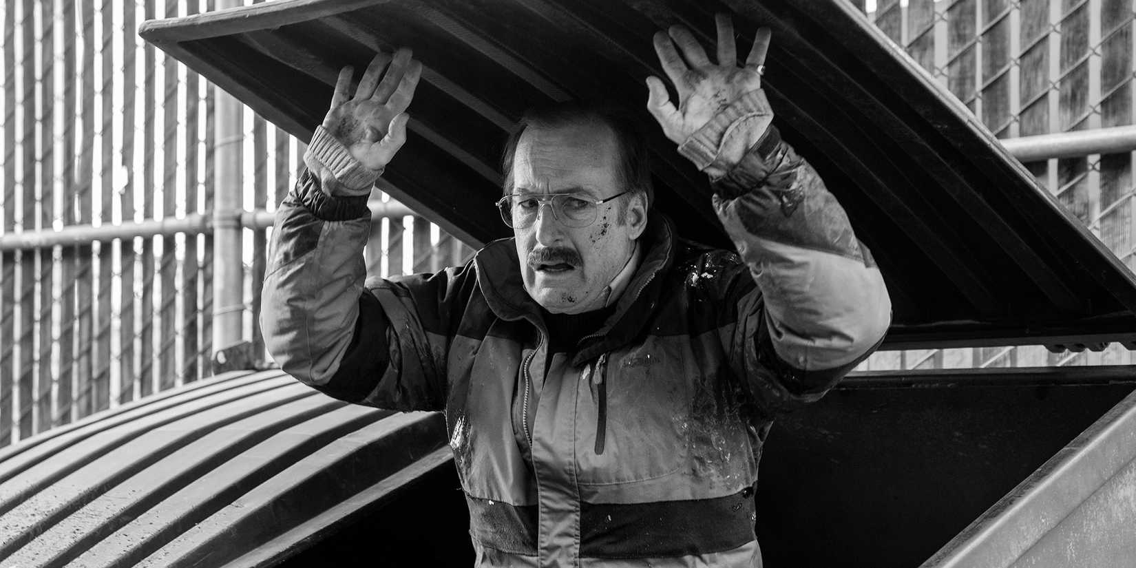 Bob Odenkirk as Saul Goodman in a garbage dumpster
