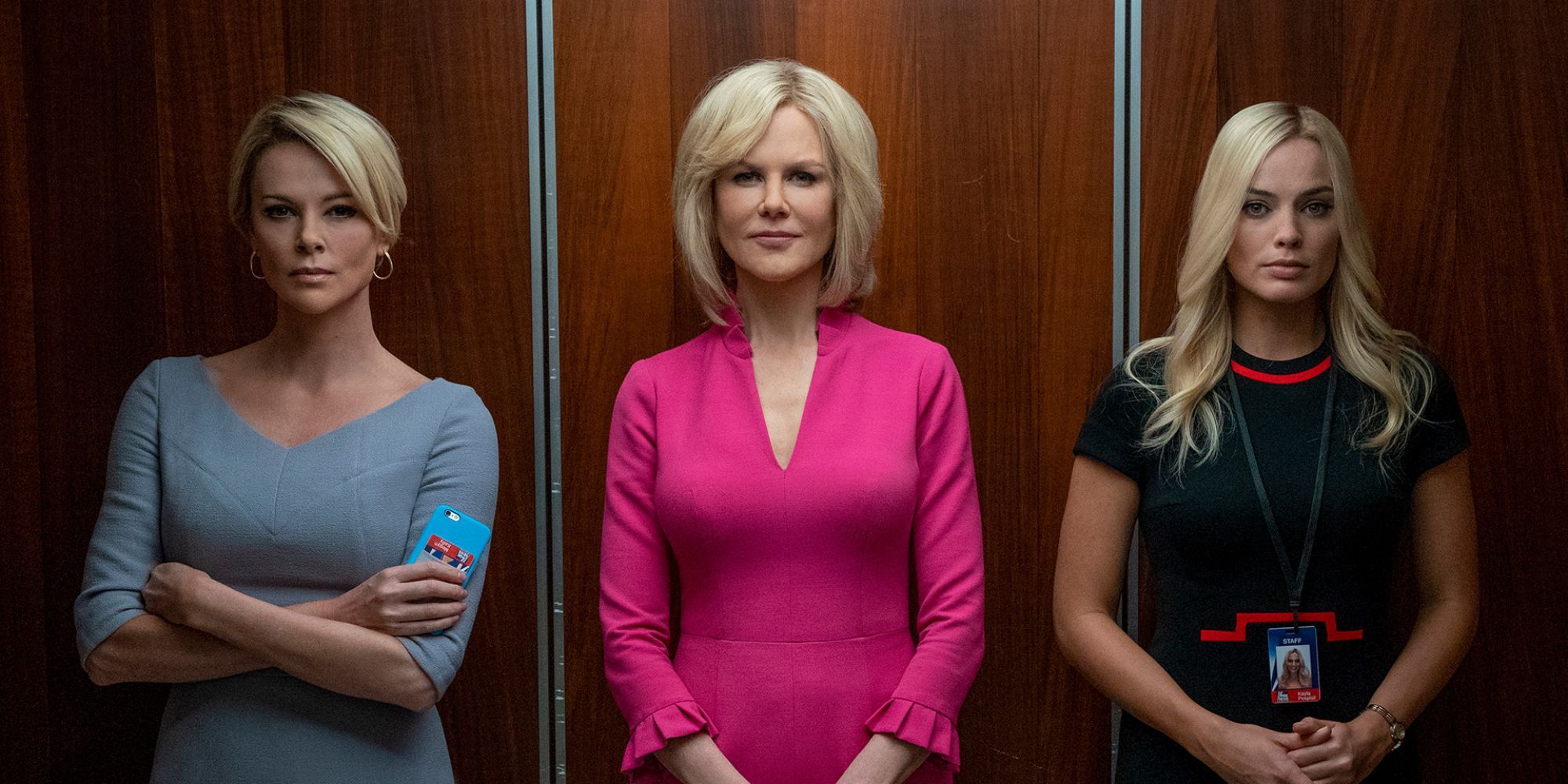 Megyn Kelly, Gretchen Carlson, and Kayla Pospisil in an elevator in Bombshell.