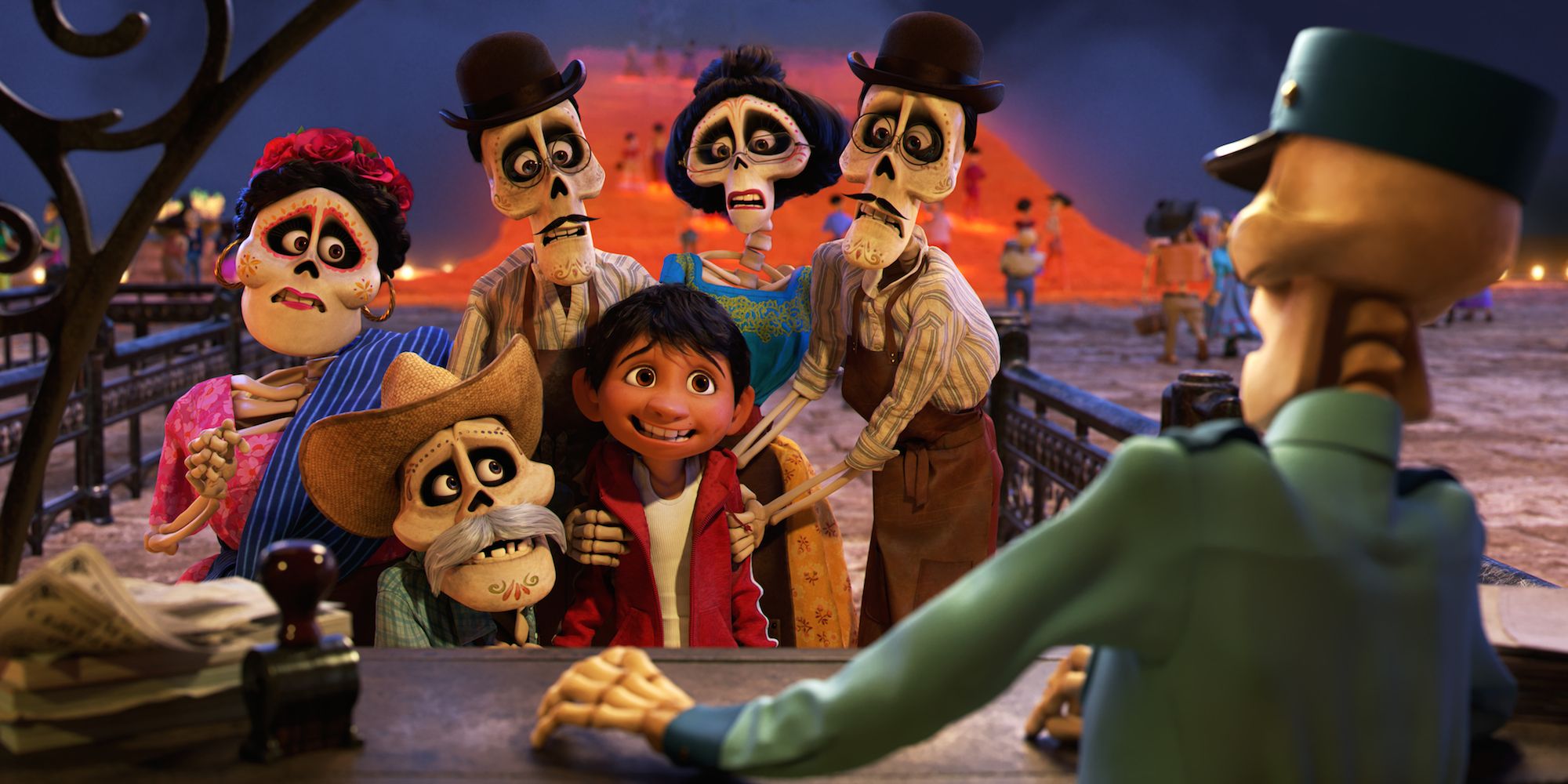 Miguel with the ghosts of his family at the gates of the Land of the Dead in 'Coco'