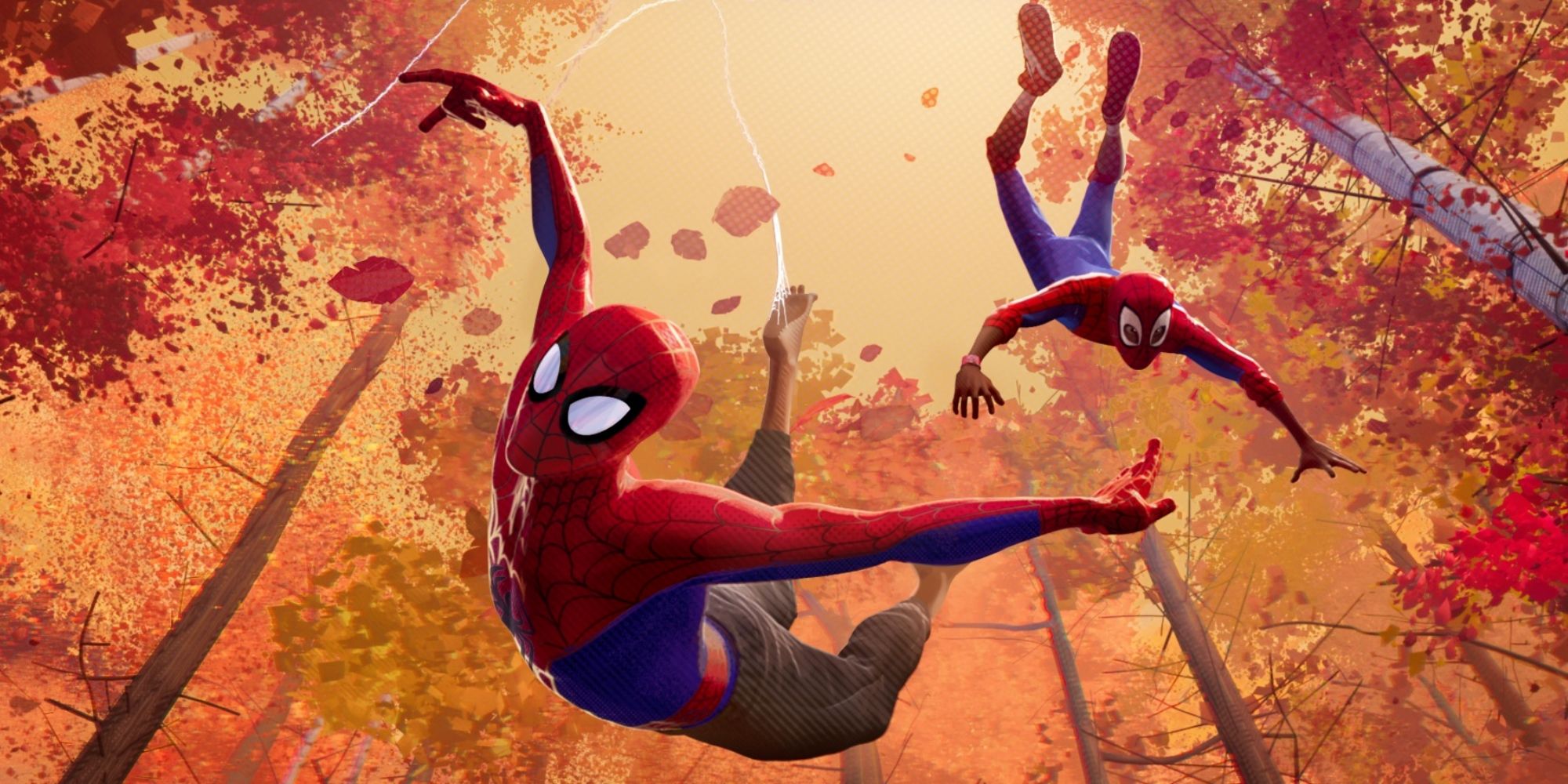 Peter B. Parker and Miles Morales swinging through the forest in 'Spider-Man: Into the Spider-Verse'
