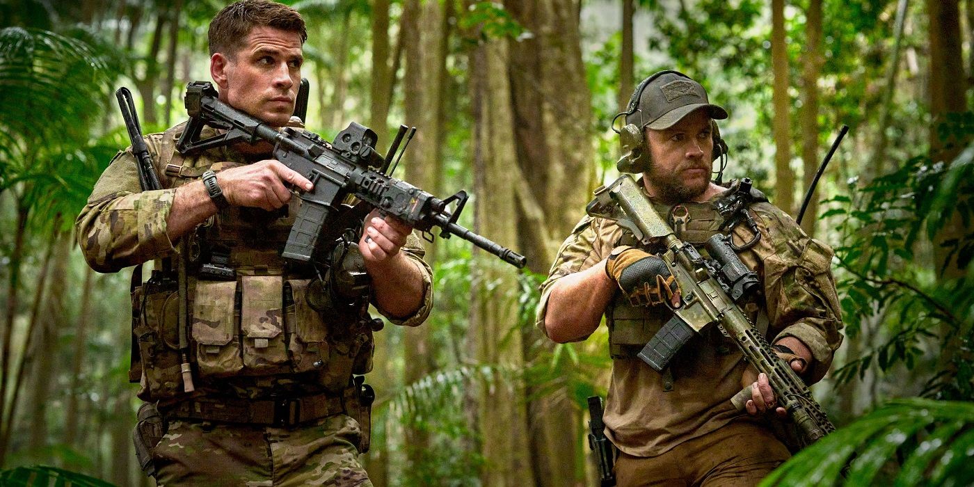 Liam Hemsworth and Luke Hemsworth holding guns in military wear in the Land of Bad