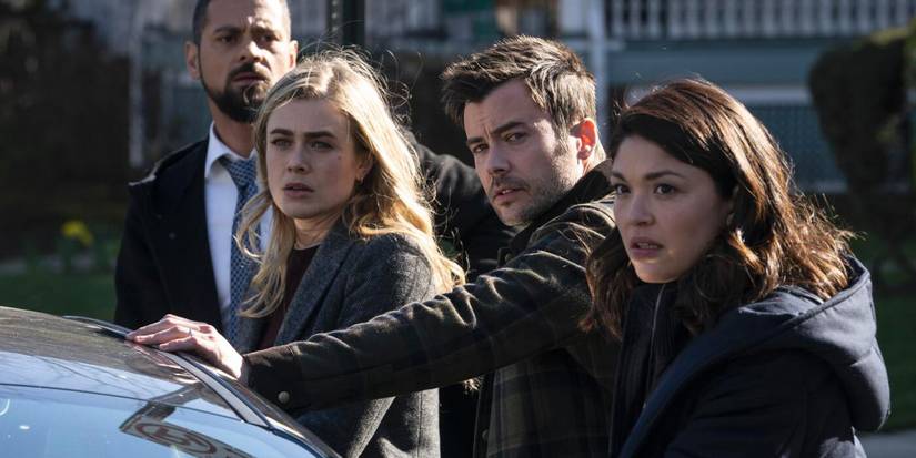 Matt Long as Zeke, Melissa Roxburgh as Michaela, and Ellen Tamaki as Drea look tense in Manifest.