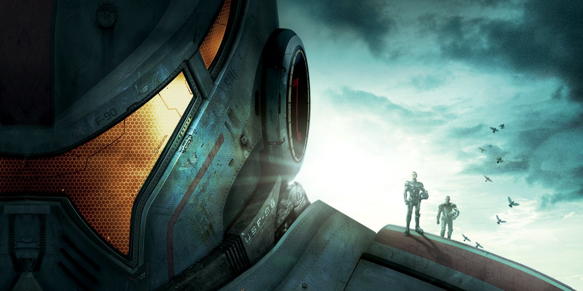 Raleigh Beckett and Stacker Pentecost standing on the shoulder of Gipsy Danger from 'Pacific Rim'