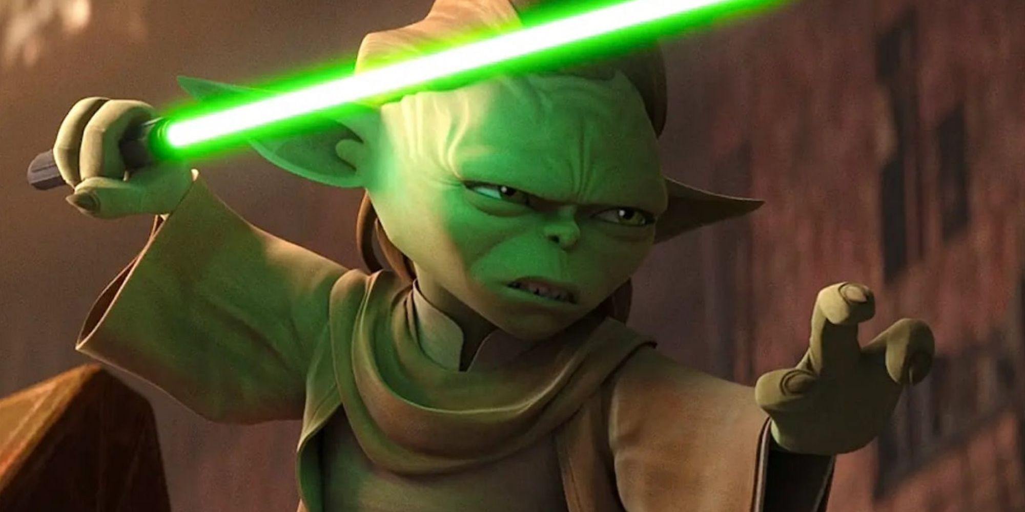 Yaddle with a green lightsaber from 'Tales of the Jedi'