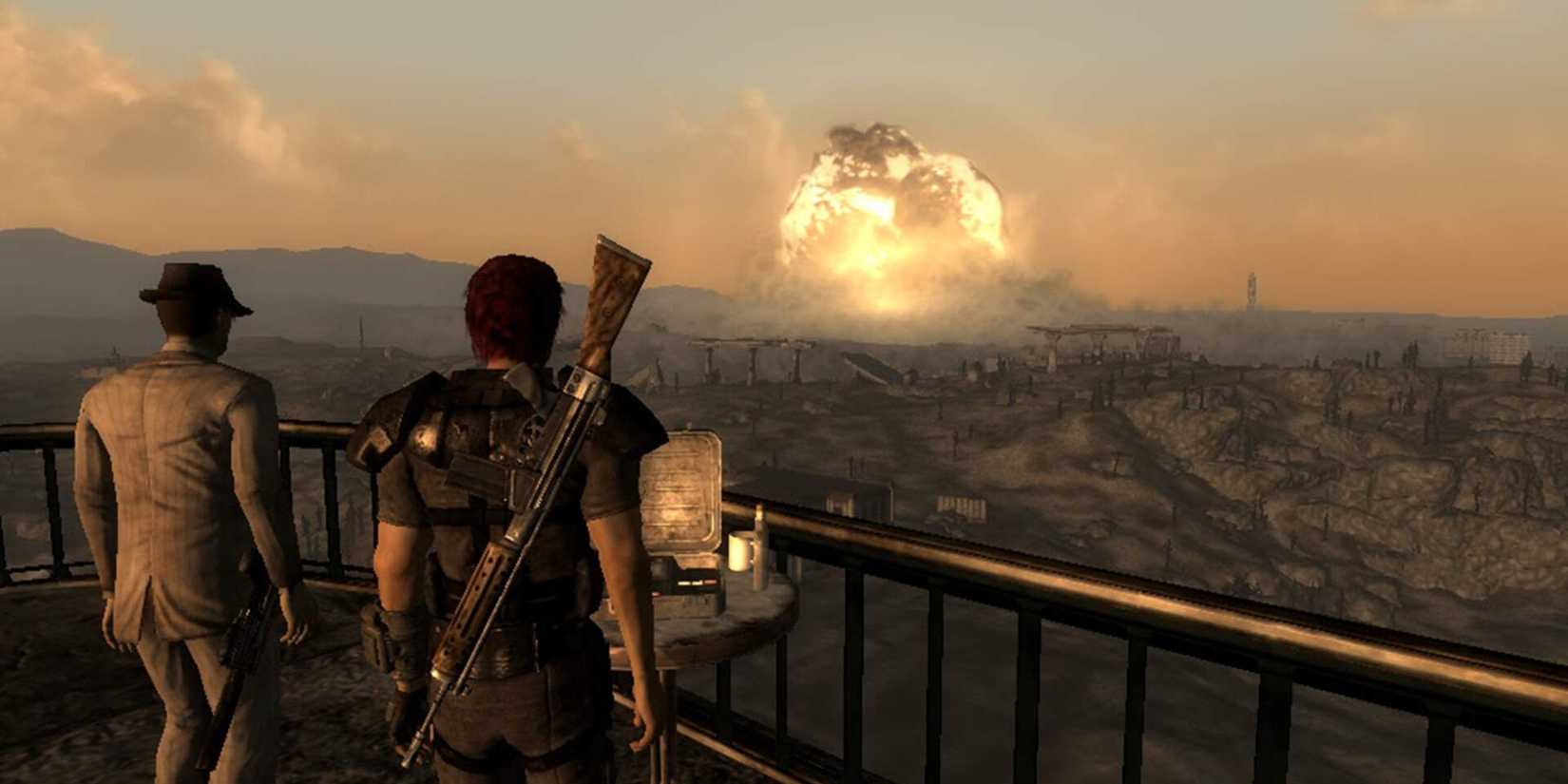 The Wanderer looks on as Megaton is destroyed, a large explosion far away