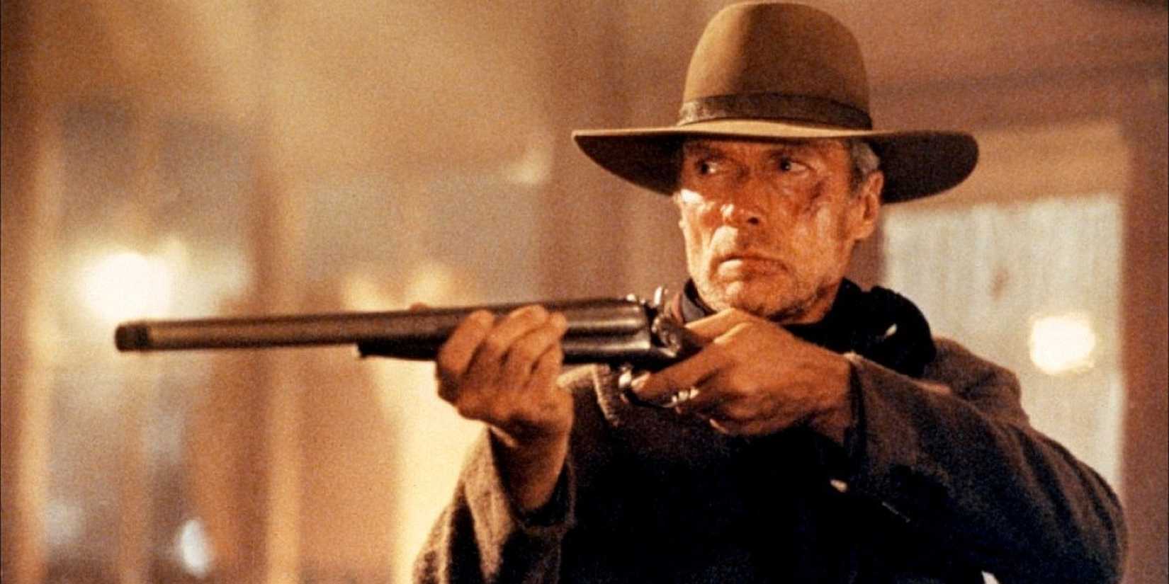William Munny (Clint Eastwood) pointing a rifle in Unforgiven.