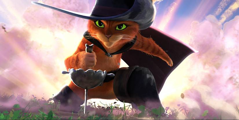 Puss kneeling down with a ray of light behind him in Puss in Boots: The Last Wish.