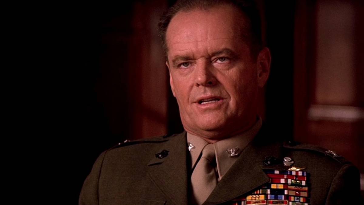 Jack Nicholson as Colonel Nathan R. Jessup in court looking at someone off-camera in A Few Good Men.