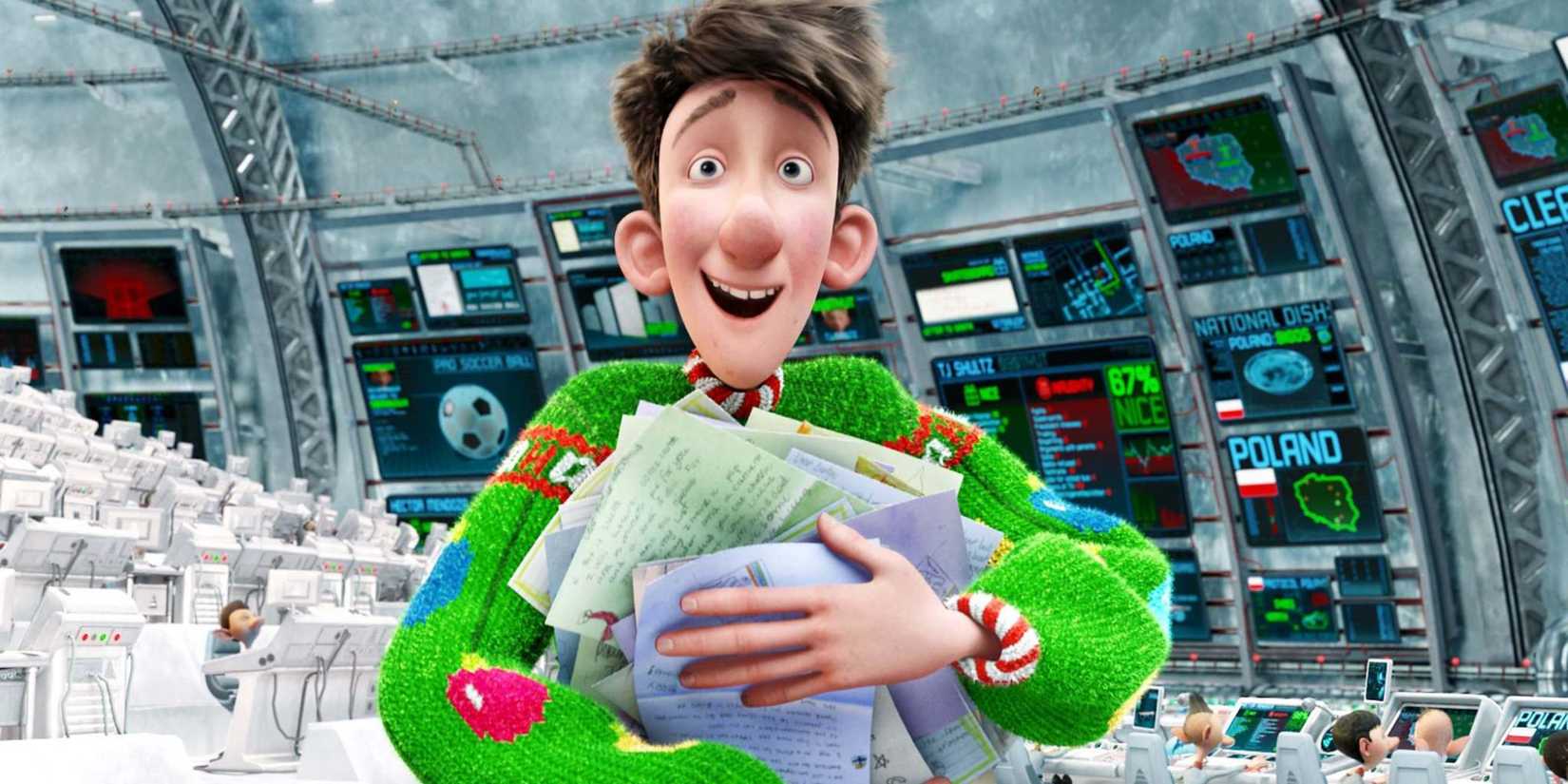 Arthur smiling while holding children's letters to Santa Claus in Arthur Christmas