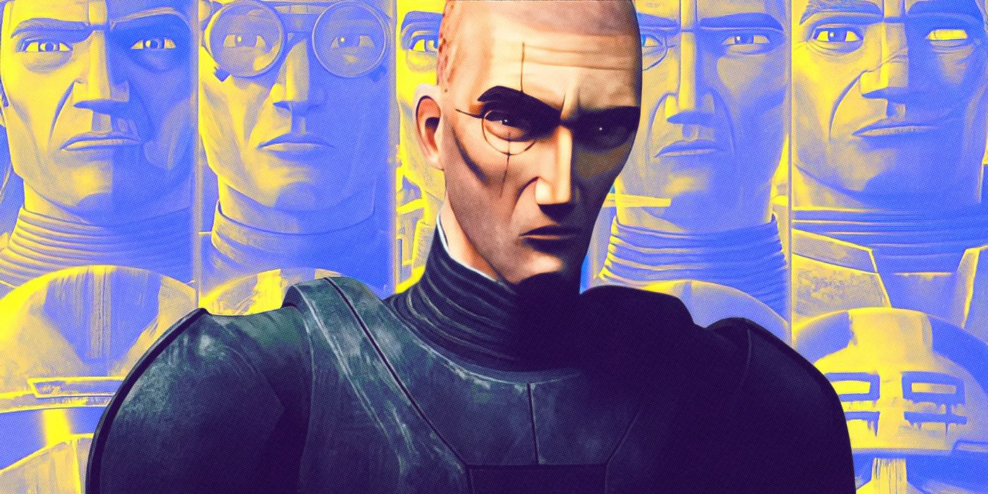 close-up of Crosshair in The Bad Batch with members of Clone Force  99 in the backgorund