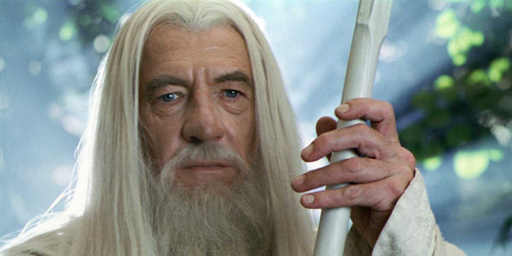 Gandalf the White looking intently ahead in The Lord of the Rings: The Two Towers
