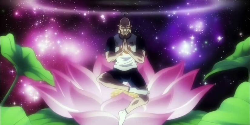 Seorang pria dalam posisi teratai dengan bunga teratai di bawahnya di Hunter x Hunter