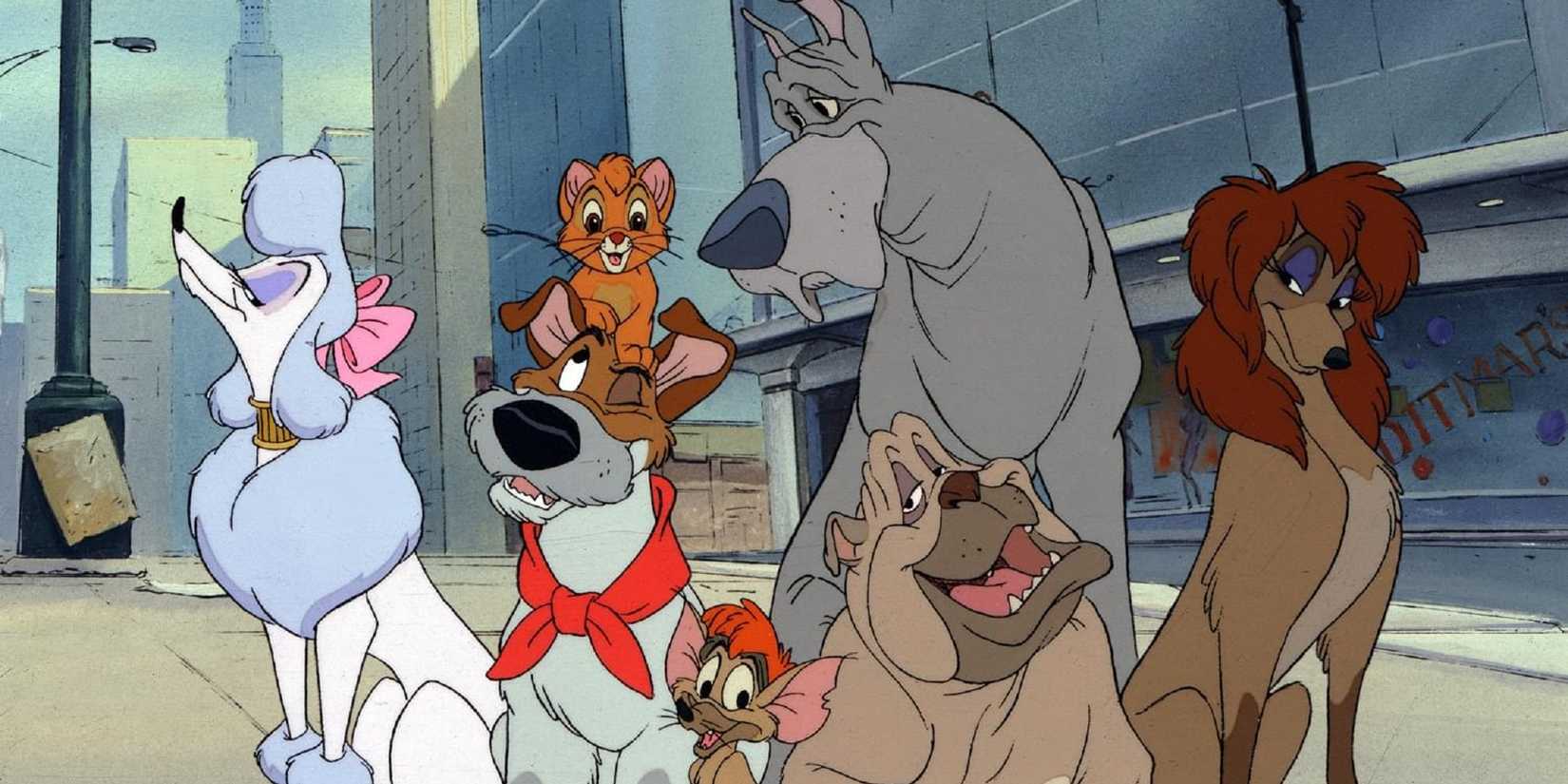 Oliver surrounded by his friends on the streets of NYC in Oliver and Company