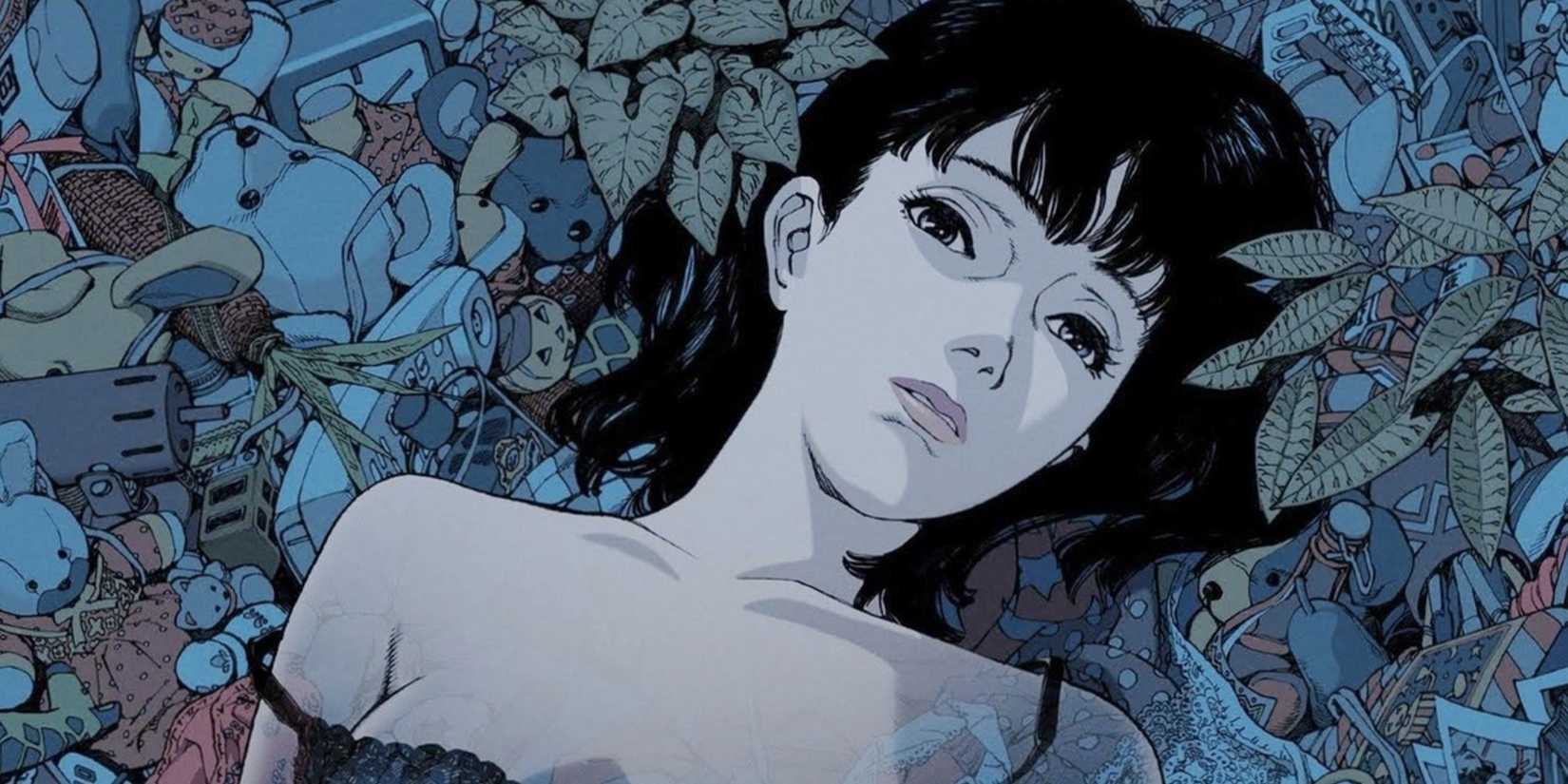 A young woman lying on a bed of objects and plants in the film Perfect Blue.