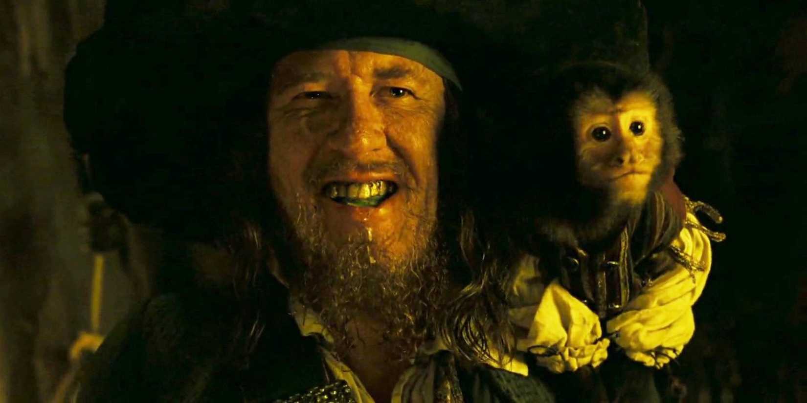 Barbossa smiling at the camera in Pirates of the Caribbean_ Dead Man's Chest - 2006