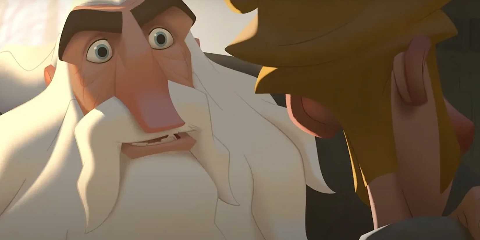tall animated man with thick white beard looking down at blond man