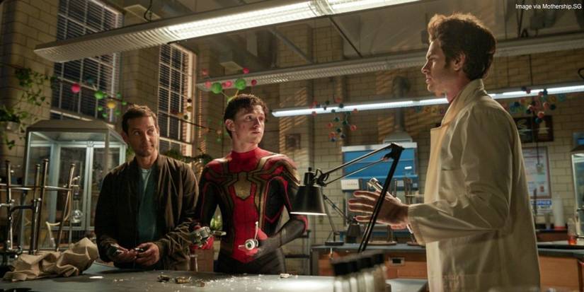 Tobey Maguire, Tom Holland, and Andrew Garfield in Spiderman No Way Home