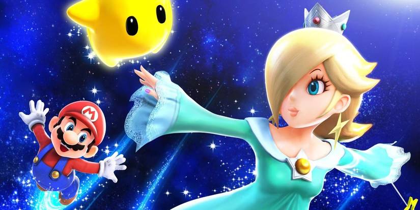 Rosalina, Luma, and Mario flying across the galaxy