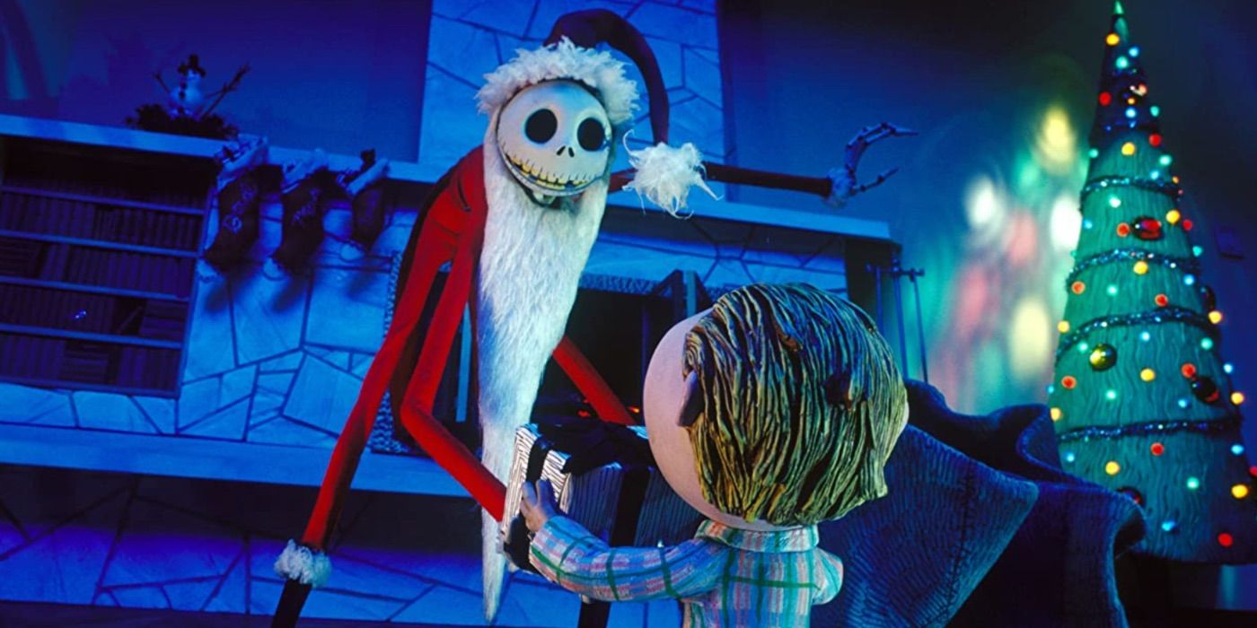 Jack Skellington dressed in santa suit giving a present to a child in The Nightmare Before Christmas (1993)