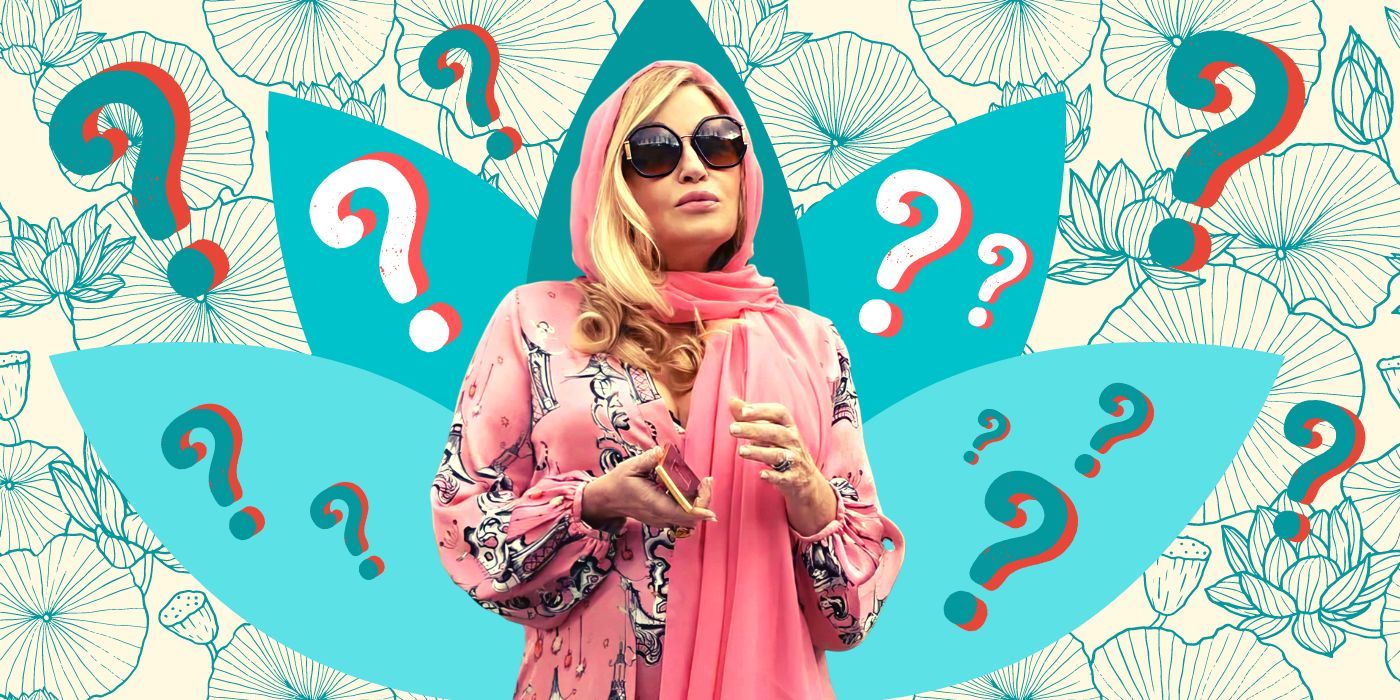 Blended image showing Jennifer Coolidge as Tanya McQuoid in The White Lotus surrounded by question marks.