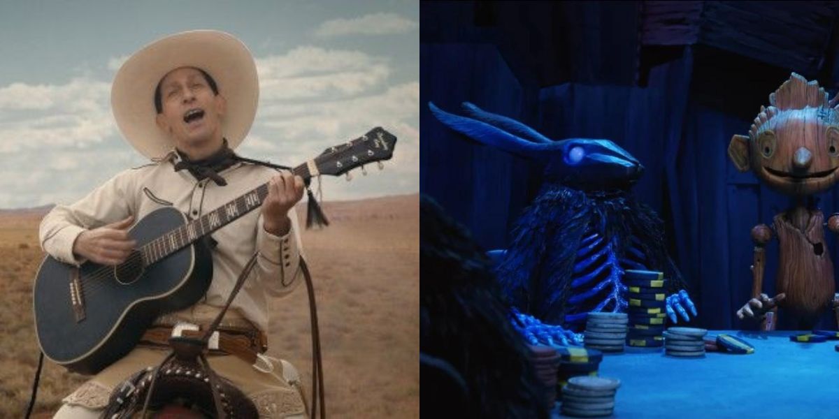 tim-blake-nelson side-by-side with a black rabbit from Guillermo del Toro's Pinocchio 