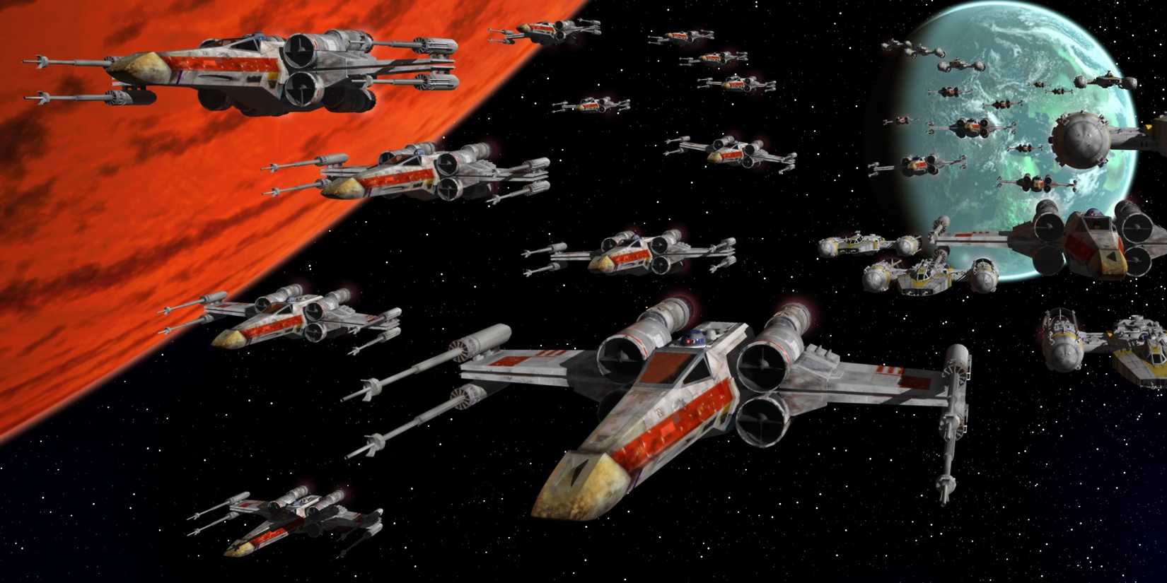 X Wings manned by the rebels approach the Death Star in the Battle of Yavin in Star Wars: A New Hope