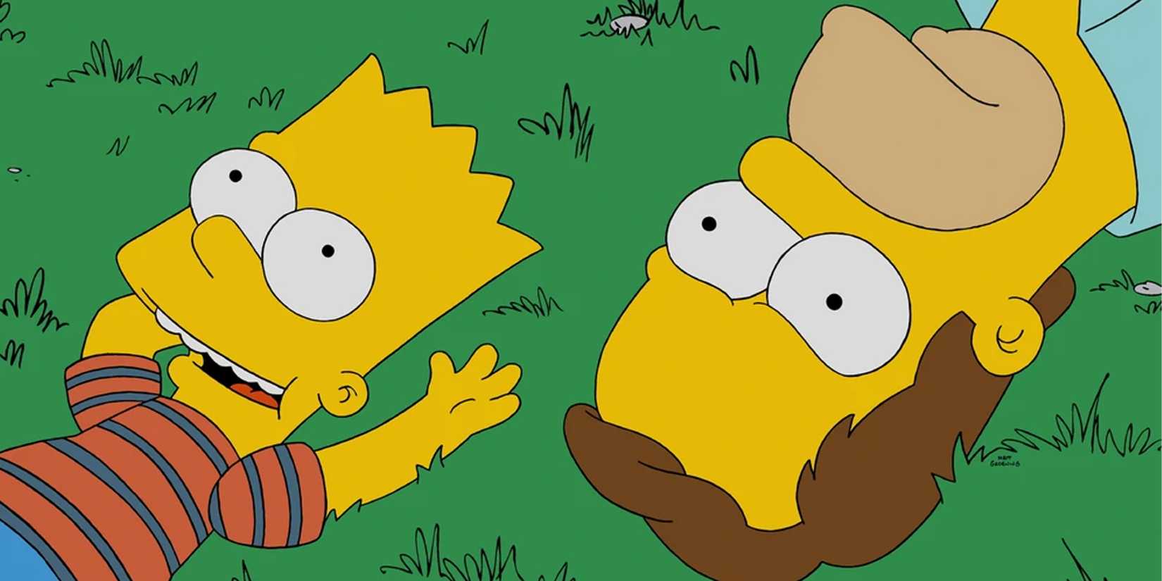 Bart and Homer lie on the grass and look up towards the sky in The Simpsons episode Barthood.
