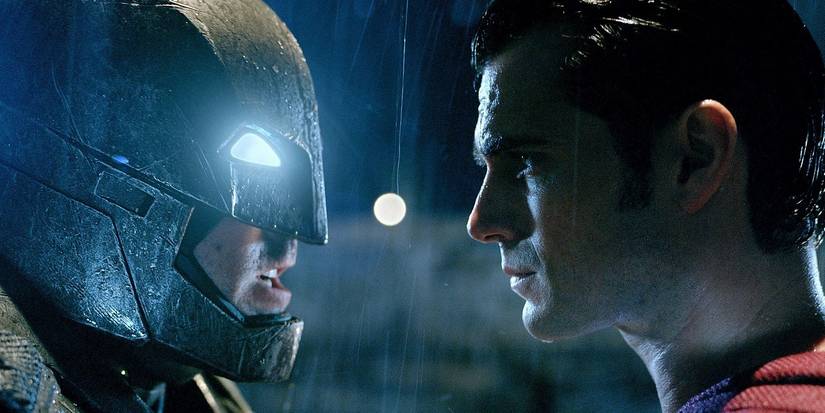 Batman and Superman facing each other ready to fight in Batman v Superman Dawn of Justice