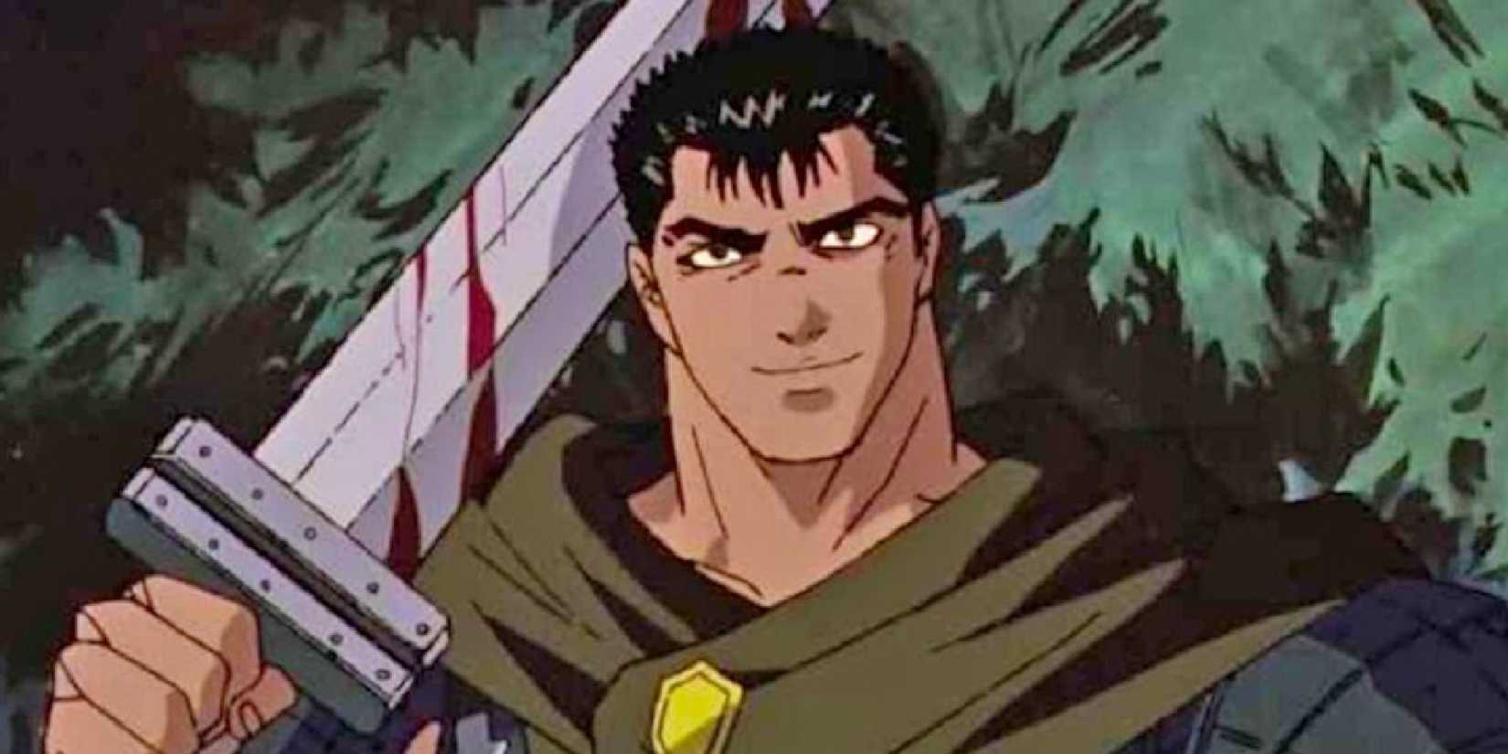 Guts smiling with a sword over his shoulder in Berserk (1997).