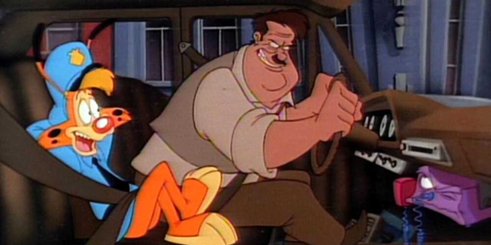 Bonkers leaning back in the front of a police car next to Detective Piquel in Bonkers Disney show