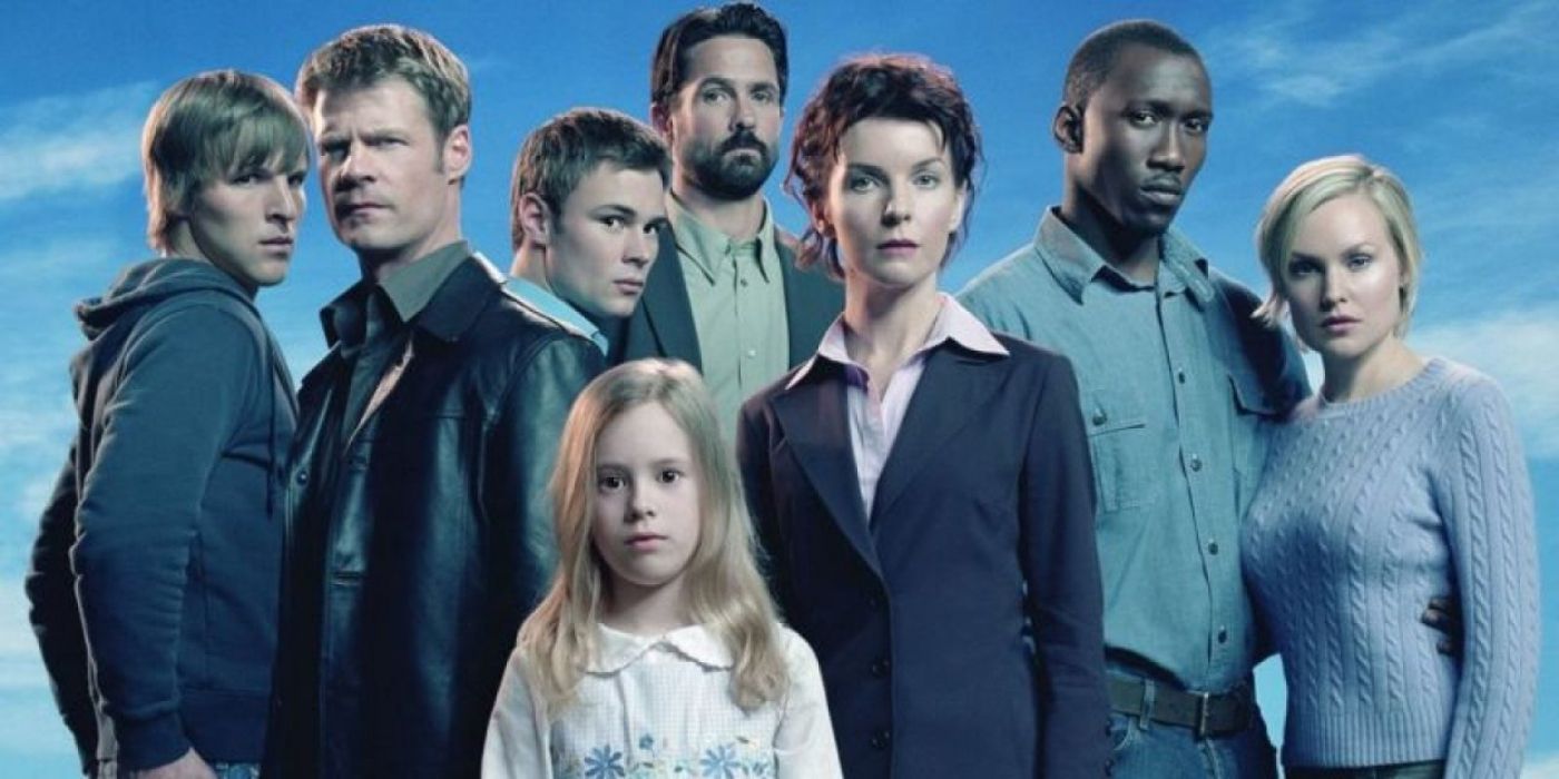 Chad Faust, Joel Gretsch, Patrick Flueger, Billy Campbell, Jacqueline McKenzie, Mahershala Ali, Laura Allen, and Conchita Campbell as Shawn, Tom, Kyle, Jordan, Diana, Richard, Lily, and Maia in promotional image of The 4400.