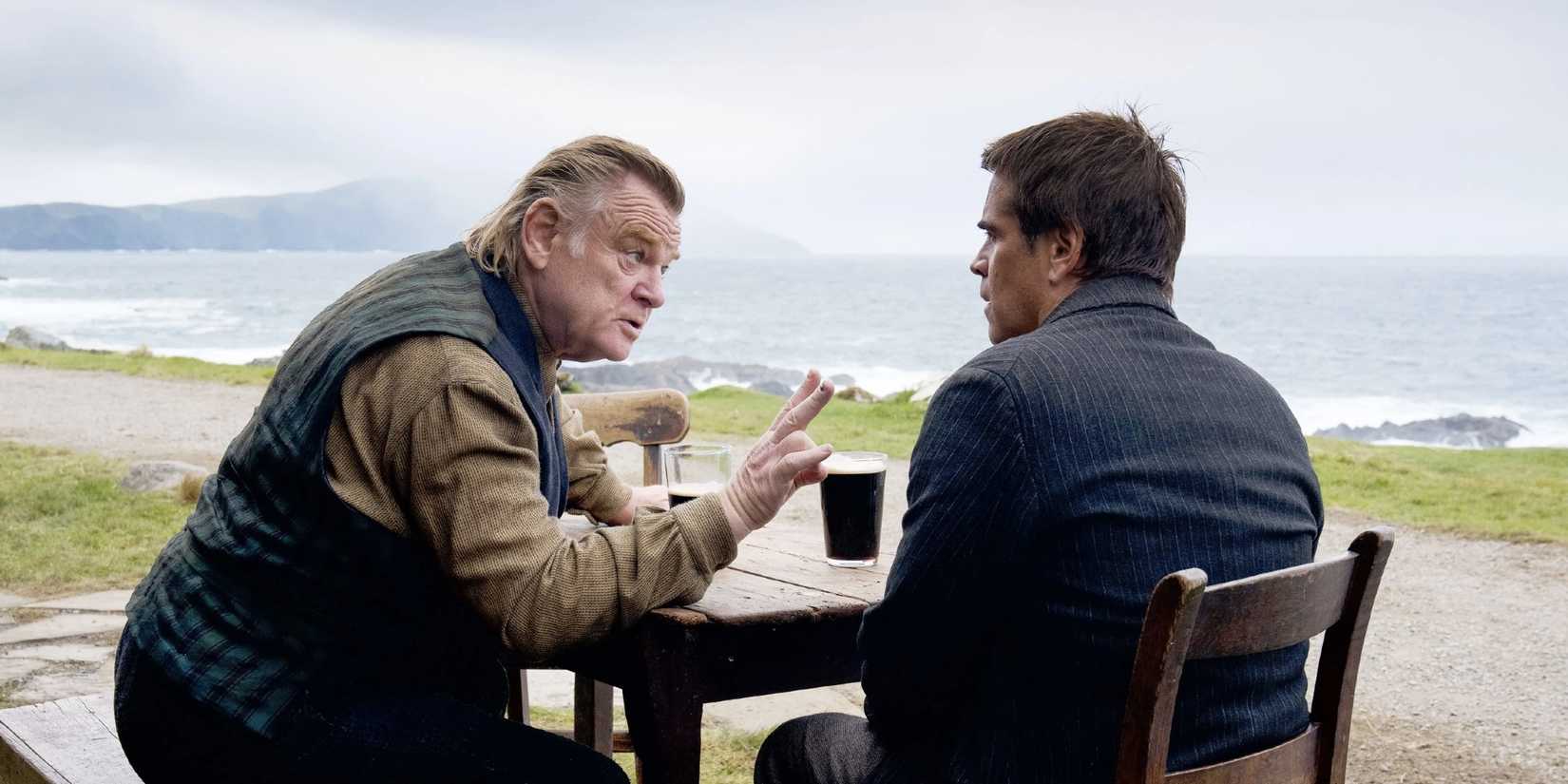 Brendan Gleeson and Colin Farrel as Colm and Pádraic talk while drinking beer in The Banshees of Inisherin.