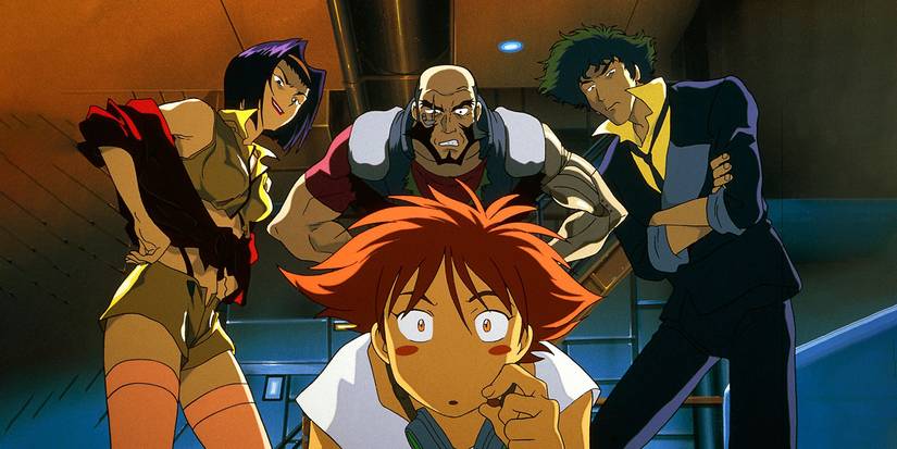 Faye, Jet Black, and Spike looking at Radical Edward on the floor in Cowboy Bebop