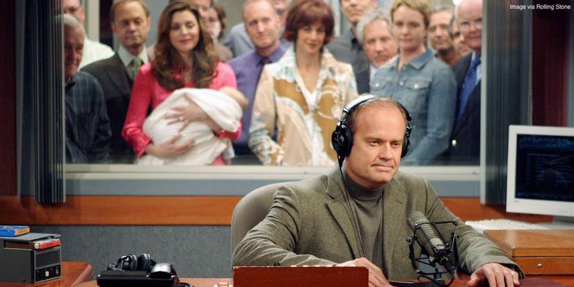 Frasier's friends and family standing outside his recording booth while he's on air in Frasier.
