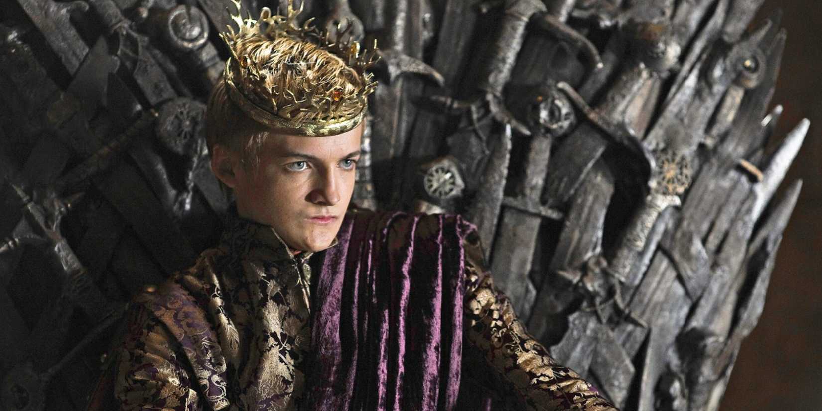 Joffrey Baratheon sitting on the Iron Throne in Game of Thrones.